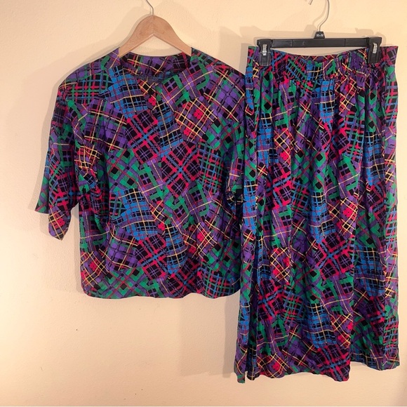 Vintage ‘90s Lee Winter Rainbow Plaid Patchwork Top + Knee Length Skirt Set L - Picture 6 of 13